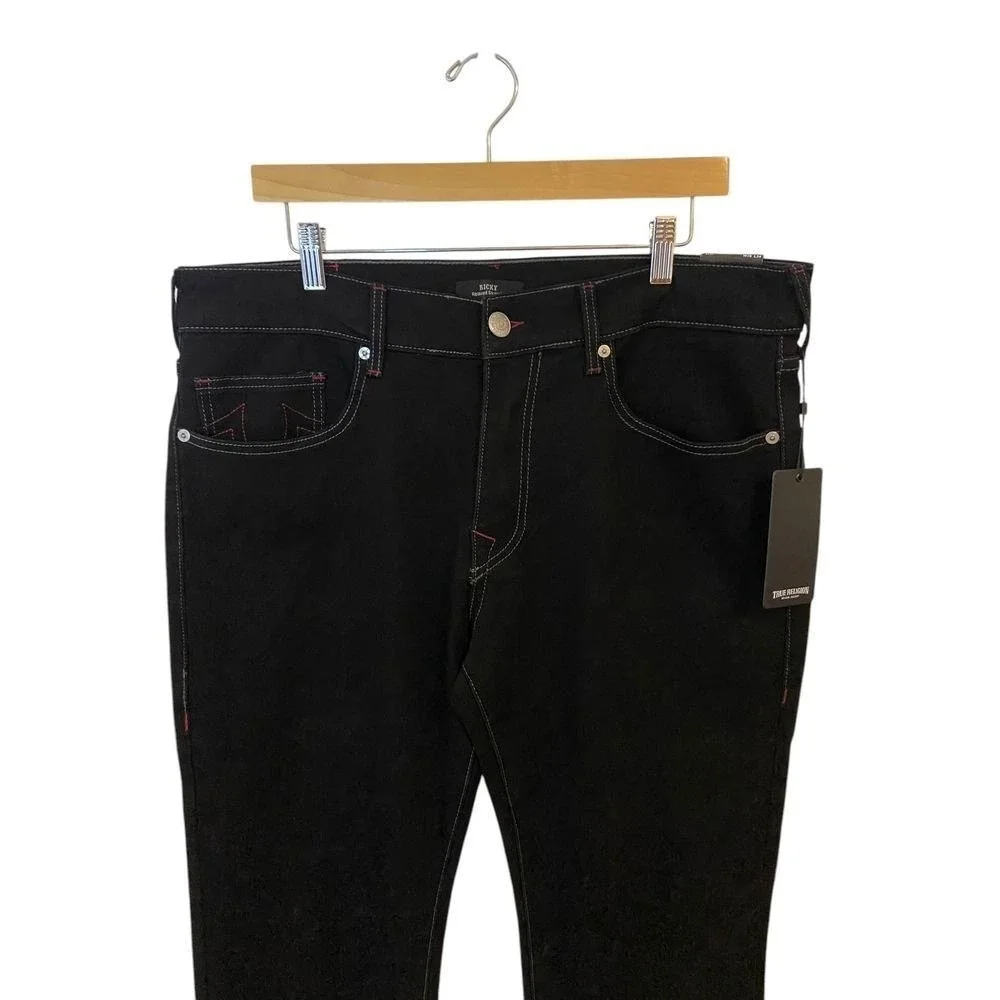 True Religion Ricky Relaxed Straight Jeans Black Rinse Red Stitch Mens 36x34 NEW